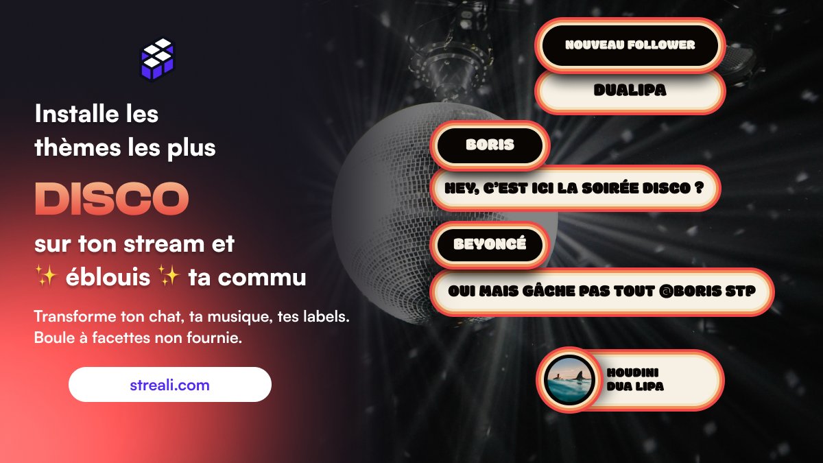 Découvre le thème Disco pour éblouir ton espace de stream avec Streali ! 🪩

Disponible pour ton chat, ta musique, tes labels... (boule à facette non fournie, par contre)

Retrouve Disco et bien d'autres thèmes sur Streali : streali.com/chats/disco