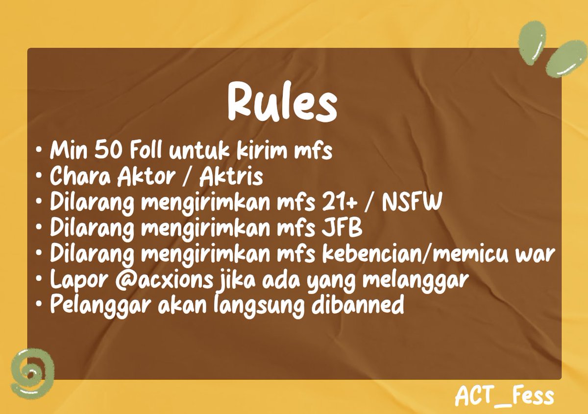 — ACT FESS ON 

Baca rulesnya dulu, bisa kirim mfs disini  (s.id/ACT_Fess) 

Use 🎭
