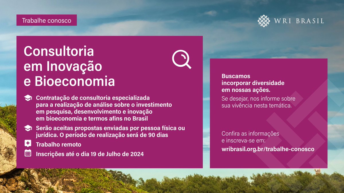 Estamos em busca de uma Consultoria em Inovação e Bioeconomia.

Confira mais detalhes e inscreva-se em: wribrasil.org.br/trabalhe-conos…