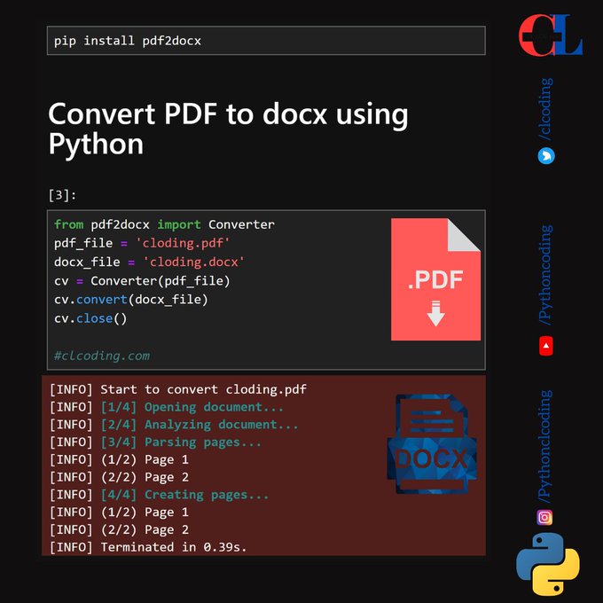 giga_labs's tweet image. Convert #PDF to #docx using #Python via @clcoding 
MT: @giga_labs 

#AI #ML #GenerativeAI #ChatGPT #Blockchain #IoT #CloudComputing #Robotics #tech #innovation
Cc:  @Khulood_Almani  @baski_LA  @sonu_monika @labordeolivier @mvollmer1 @antgrasso @Fabriziobustama @PawlowskiMario