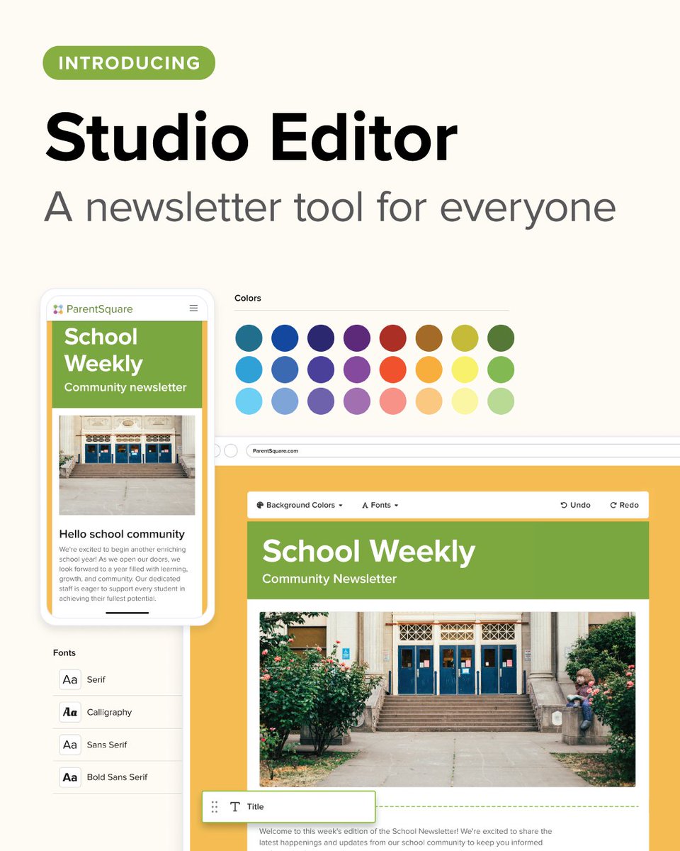 Introducing Studio Editor for ParentSquare! Our new tool for effortless newsletter creation. Customize your newsletters to reflect your district or school's brand or try a template! 🏫 🎨Find us at #NSPRA2024 for a demo! 

Full press release: links.psqr.io/3VWownK
