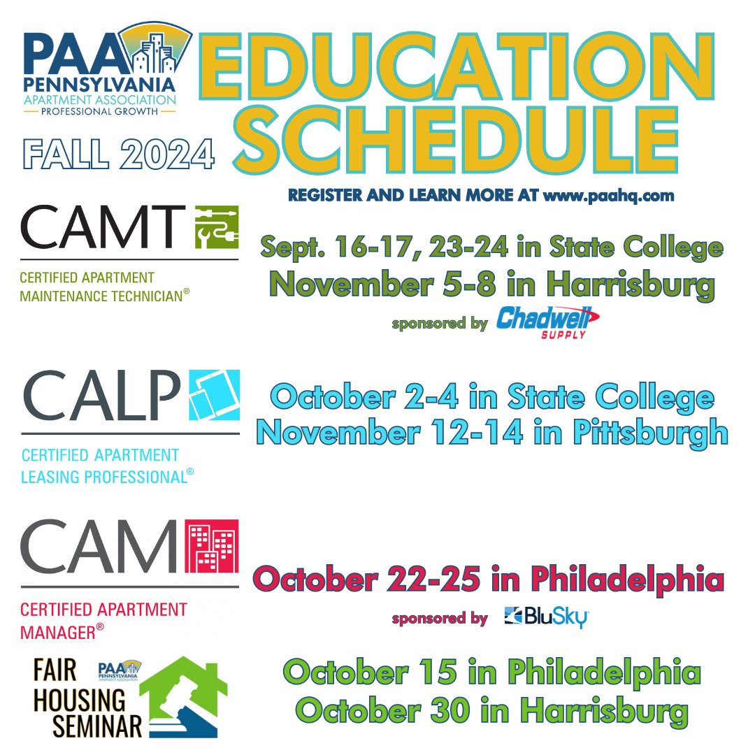 PAA_HQ's tweet image. #PAAEducation HAS THE CLASSES YOU NEED! #CAMT, #CALP and #CAM #credential courses are being held statewide with #FairHousing seminars being feld this fall as well! It's not too early to register or too late to continue your #education! 

Visit paahq.com to register!