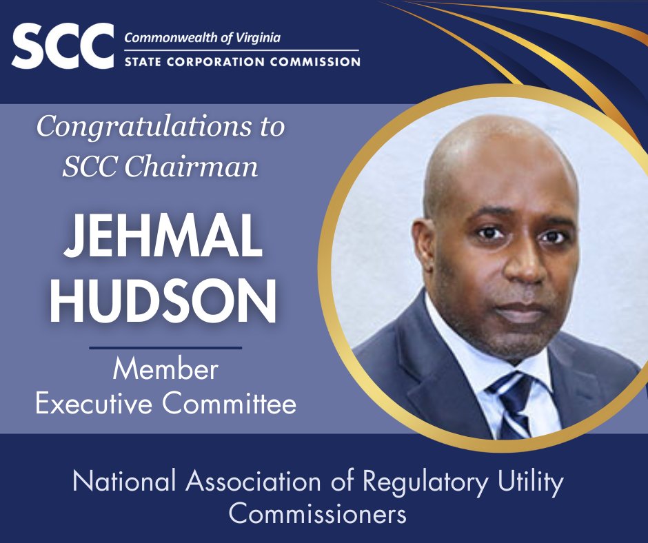 VAStateCorpComm's tweet photo. #Congratsto SCC Chairman Jehmal Hudson, who has been appointed to serve on the Executive Committee of @NARUC!
Hudson is a member of the NARUC Board of Directors & chairs its Committee on Energy Resources and the Environment. https://t.co/gKzxkf08Fz https://t.co/t4H2OLRwRn https://t.co/vCT9Ag5iY6