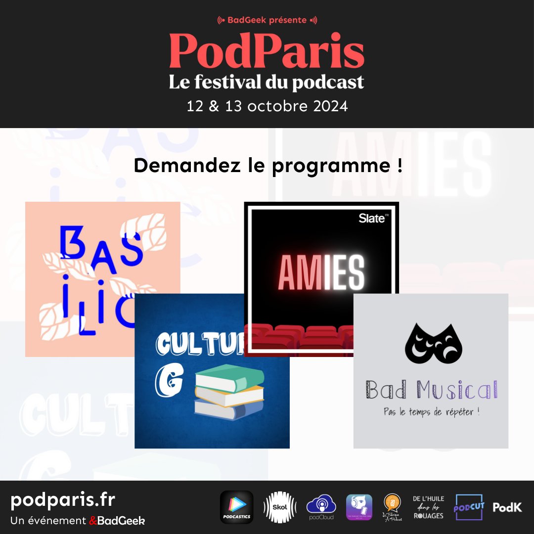 Cette semaine, quatre nouveaux podcasts rejoignent notre affiche : écologie, culture générale, cinéma et... Improvisation musicale ?!

Préparez-vous pour <a href="/BasilicPodcast/">Basilic Podcast - Jeane</a>, <a href="/CultureGPodcast/">Culture G - Le Podcast</a> (<a href="/StudioBiloba/">Studio Biloba</a>), AMIES (<a href="/Slatefrpodcasts/">SlatefrPodcasts</a>) et Bad Musical !