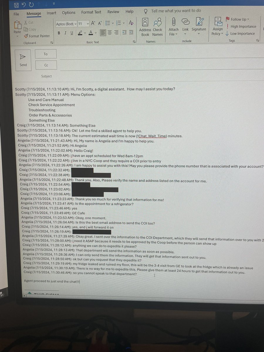 CraigNYC2's tweet photo. @GE_Appliances This will be the 4th visit from a tech for my fridge, this time my floor is ruined. And when asked if your team could expedite the COI ahead of the first appt available, your agent just says they can’t and closes the chat. How? https://t.co/qY7xbdHJG2