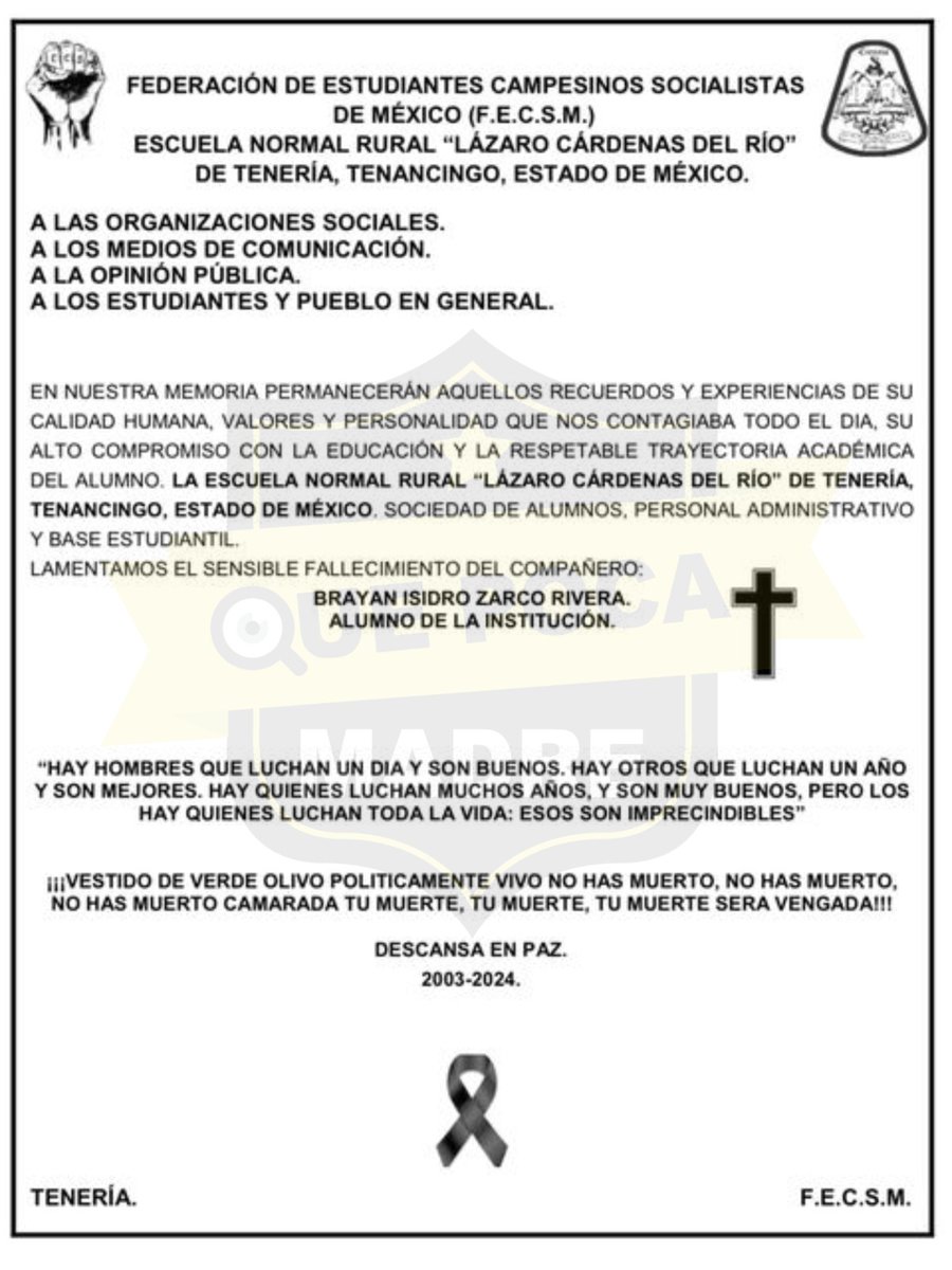 QuePocaMadreMex's tweet photo. ‼#Lamentable‼😱 DE ESTUDIANTES A ASESIN0S... #Novatada LE QUITA LA V|DA A UN JOVEN EN #Tenancingo 💀🚔🚨
Brayan Isidro, un joven originario de #Puebla, falleció tras ser g0lpead0 durante una novatada en la Escuela Normal Rural de #Tenería, ubicada en el municipio de Tenancingo, al sur del @Edomex.
La tragedia ocurrió el pasado 12 de julio, cuando #Brayan fue víctima de una novatada conocida como "caballazo", en la cual fue arrodillado para posteriormente ser g0lpead0 por sus compañeros. El joven murió debido a la gravedad de las lesiones.
La institución publicó un comunicado a través de sus #redessociales, en el cual lamentó la mu3rte del joven y destacó "su alto compromiso con la #educación", así como su respetable trayectoria académica. Además, se dio a conocer que el baile de graduación de la escuela, programado para el día de ayer, 14 de julio, fue cancelado.
Al momento no se tienen reportes de personas detenidas por este hecho. Familiares y amigos de Brayan, recibieron su cuerp0 en el municipio poblano de #Yaonáhuac. #QEPD
@FiscaliaEdomex
@SS_Edomex
@Mtro_CCastaneda
@SEP_mx
@delfinagomeza