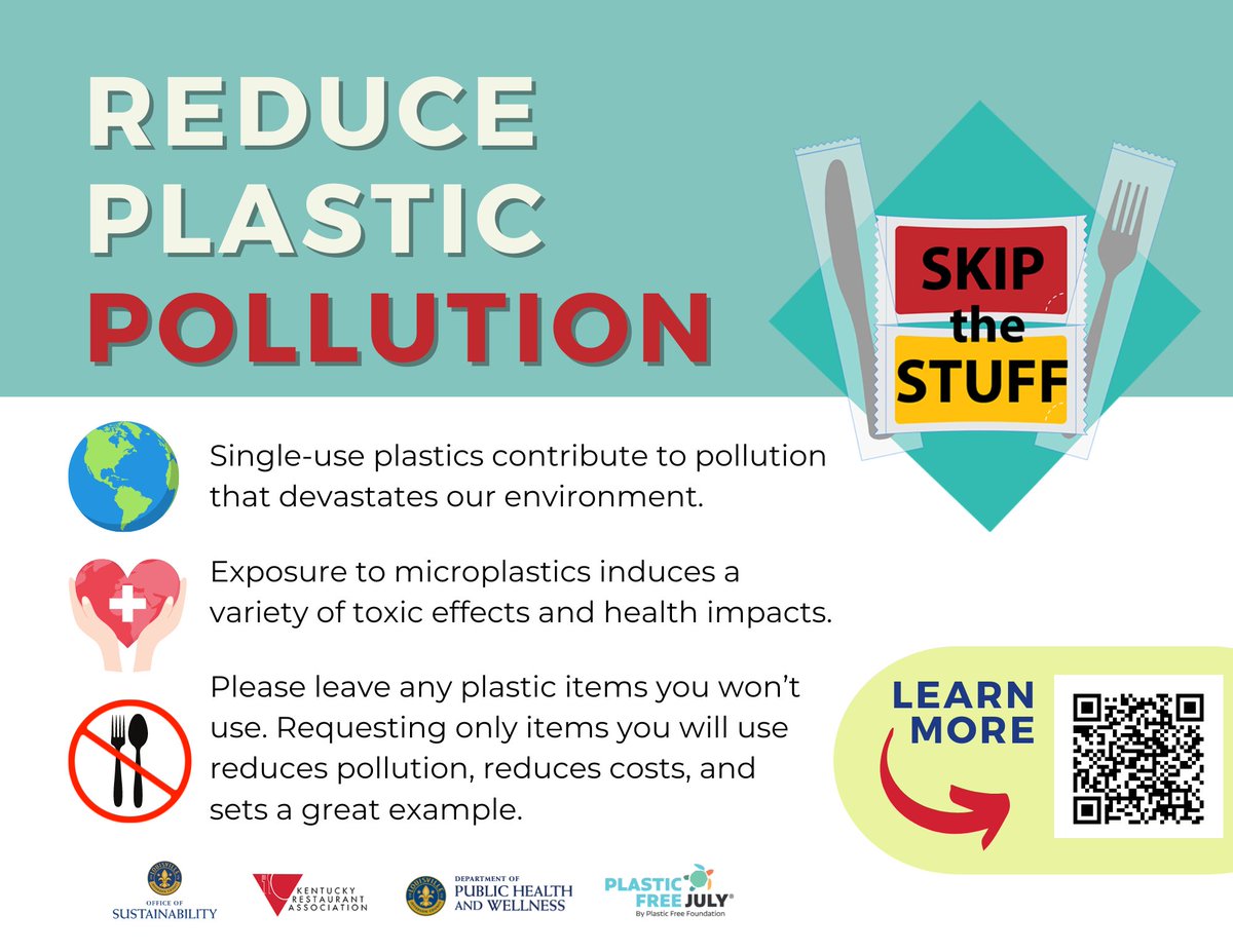 SustainLou's tweet photo. Reducing plastic waste can be as simple as skipping the single-use utensils and other take-out items at restaurants. Thank you to partners @kyrestaurant @LouMPHW for supporting our campaign and encouraging restaurant goers to set a sustainable example this #PlasticFreeJuly. https://t.co/znDffHY0YN