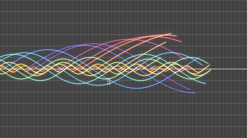 Playing with visualizations of primes numbers (every prime is a wave intersecting y at its multiples) shadertoy.com/view/MXdXDN
