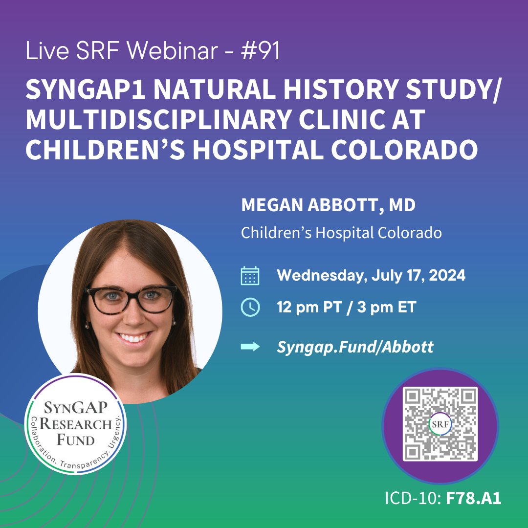 🎤💻 New SYNGAP1 #SRFWebinar with Megan Abbott, MD

🧬 SRF | SYNGAP1 Natural History Study/Multidisciplinary clinic at Children's Hospital Colorado

🗓 Wednesday, July 17th

🕘 12pm PT 🕔 3pm ET
👉 Syngap.Fund/Abbott

<a href="/ChildrensColo/">Children's Hospital Colorado</a>
#SYNGAP1 #RareDiseaseResearch #SynGAP