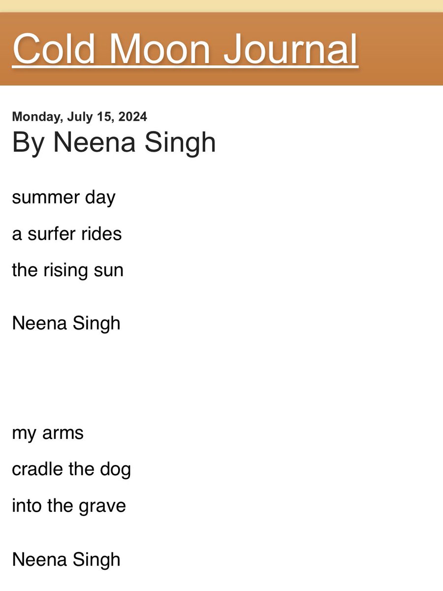 NeenaSingh7's tweet photo. #ColdMoonJournal today features my #haiku and #senryu.
Grateful to Robin Jacobson, Editor for the acceptance & publication. https://t.co/EPejk5Id8I