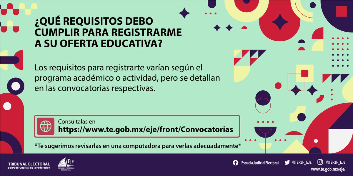 ¿Tienes dudas sobre los requisitos para nuestros programas académicos? 🤔

📚 Varían según el programa, así que revisa detalladamente las convocatorias. ¡Asegúrate de cumplir con todos para unirte a nosotros! 💼✨

🔗 Consulta los requisitos en: te.gob.mx/eje/front/Conv…