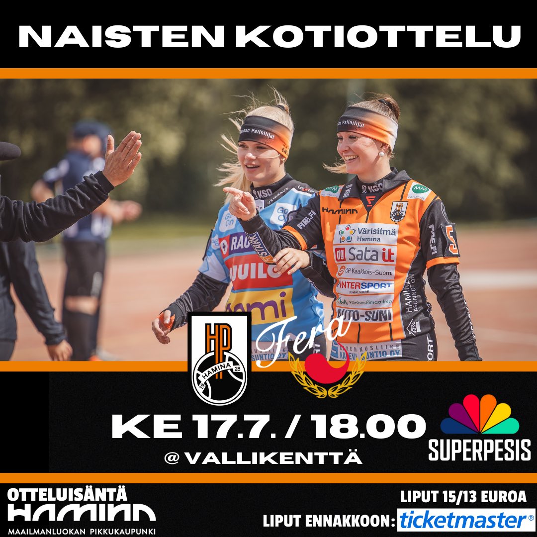 🟠NAISTEN KOTIOTTELU🟠

Naisilla enää kaksi kotiottelua runkosarjassa jäljellä. Jokainen peli ja jokainen piste on tärkeä. Tuu kannustamaan HP voittoon💪🏻

🆚Fera
📆Ke 17.7. Klo 18
🏟️Vallikenttä
🎟️Liput 15/13€, alle 16-vuotiaat ilmaiseksi
🎫Liput ennakkoon Ticketmasterista
#pesis