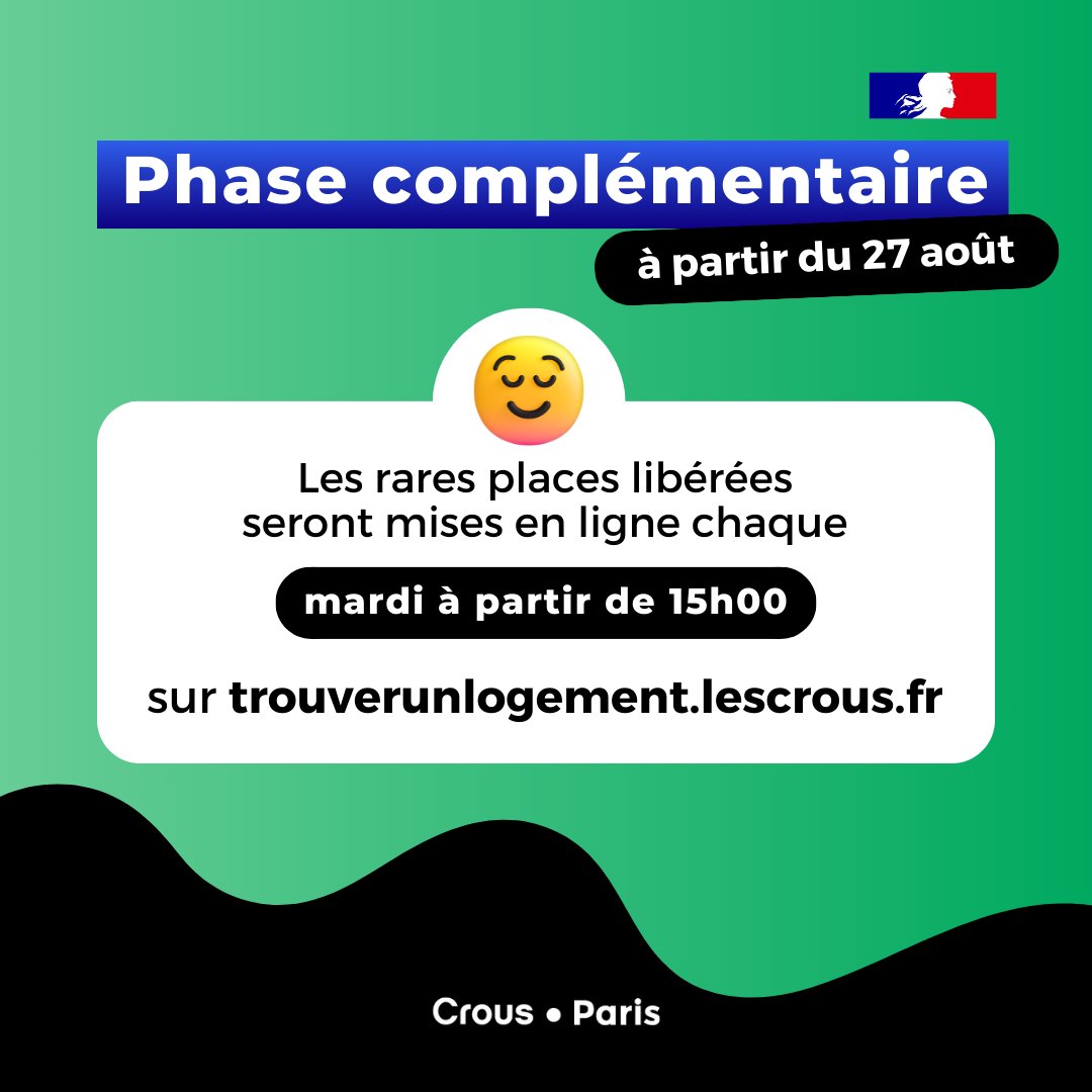 CrousParis's tweet photo. #Phasecomplementaire L'ensemble des places en résidence Crous ont été attribuées pour la rentrée universitaire 2024-2025. Toutefois, de rares places peuvent se libérer suite à des désistements durant l’été. https://t.co/wYoB2cugid