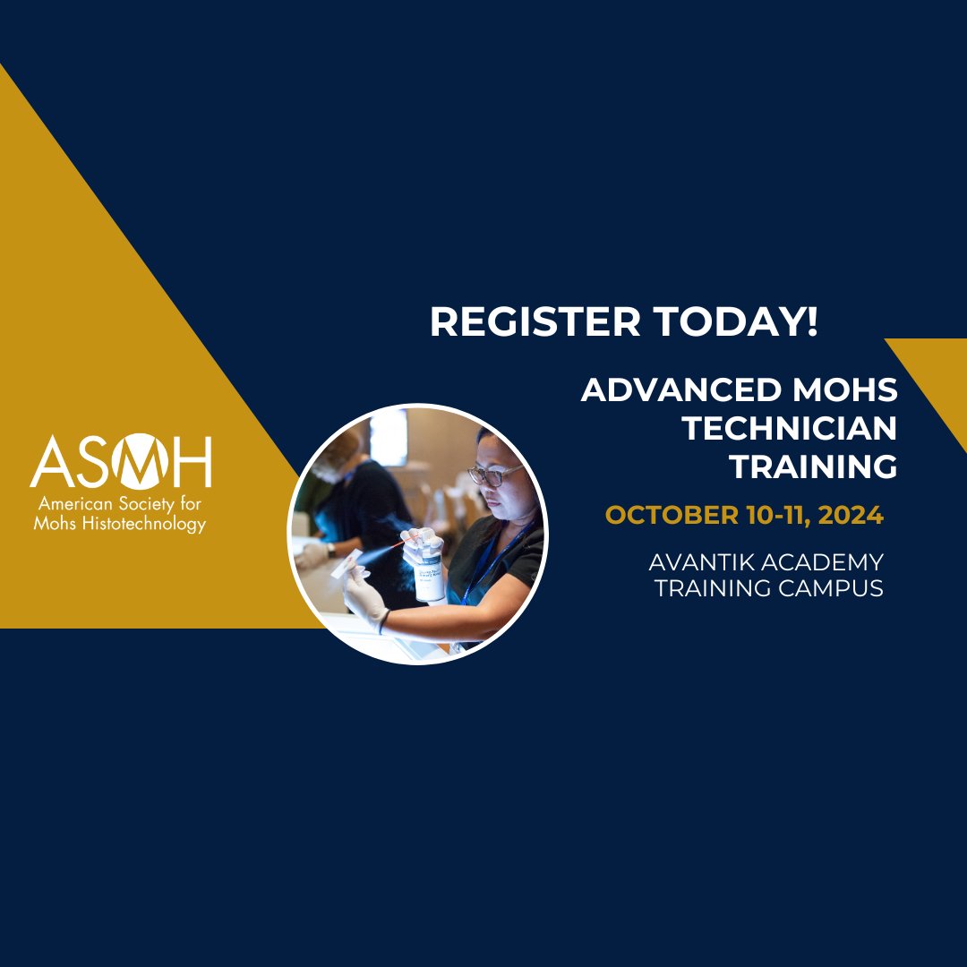 ASMHMohs's tweet photo. The ASMH is excited to announce the next Advanced Mohs Technician training program. Join us October 10-11, 2024 in Pinebrook, NJ at the Avantik Academy. This on-site training will include lecture and hands-on training. Register today at https://t.co/ZC0SVKvBmf https://t.co/0TDVnduhK1