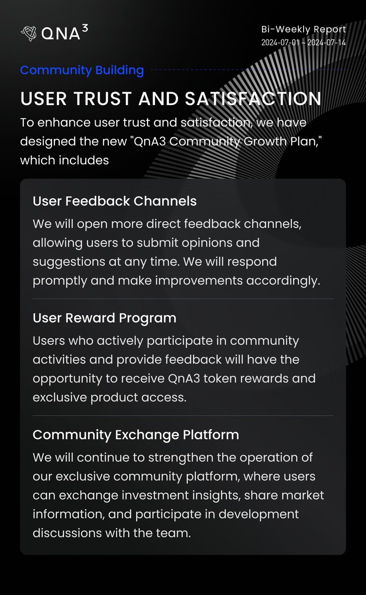 qnaweb3's tweet photo. 📖 QnA3 Team Bi-Weekly Report
📅 2024-07-01 ~ 2024-07-14

Report Summary: QnA3 has made significant progress in market value creation, market expansion, new product development, technological capability enhancement, and ecosystem collaboration. These advancements have further solidified our market position and gained high recognition from our users.

#QnA3  $GPT