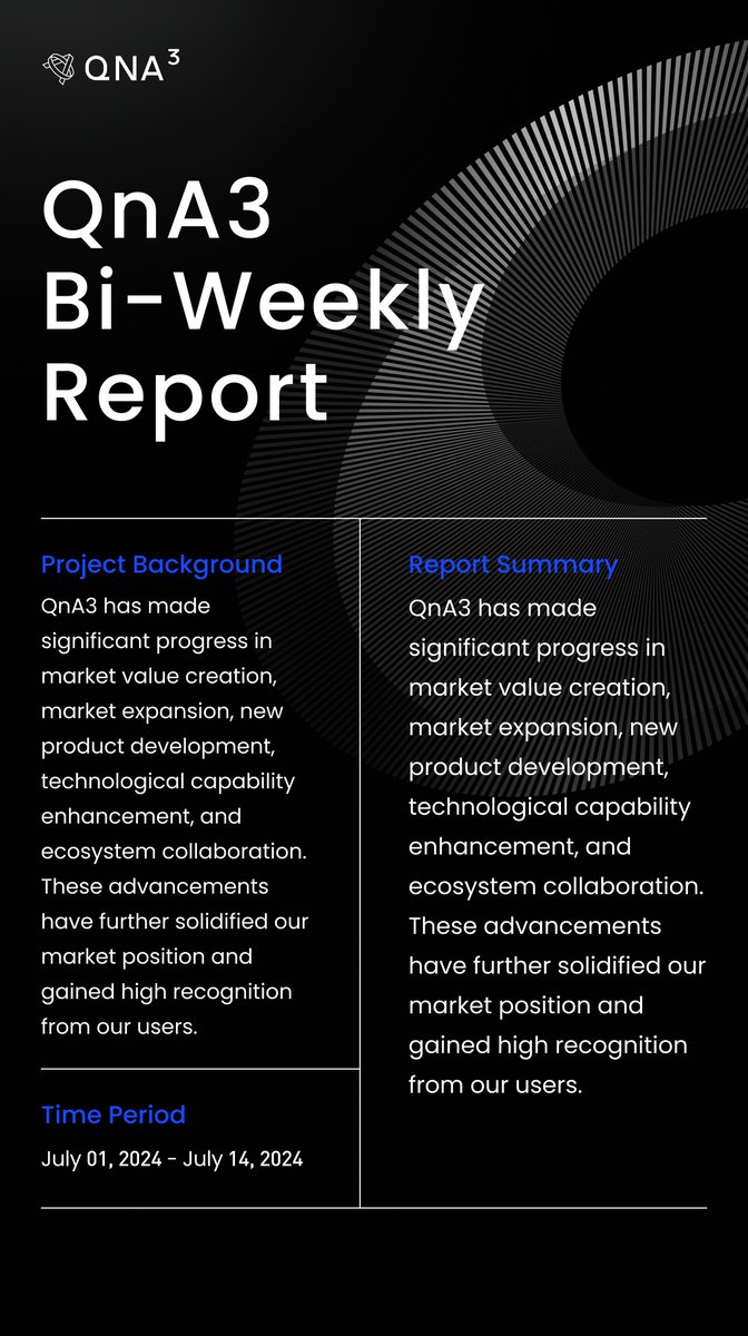 qnaweb3's tweet photo. 📖 QnA3 Team Bi-Weekly Report
📅 2024-07-01 ~ 2024-07-14

Report Summary: QnA3 has made significant progress in market value creation, market expansion, new product development, technological capability enhancement, and ecosystem collaboration. These advancements have further solidified our market position and gained high recognition from our users.

#QnA3  $GPT