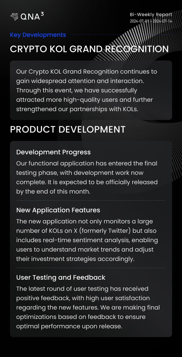 qnaweb3's tweet photo. 📖 QnA3 Team Bi-Weekly Report
📅 2024-07-01 ~ 2024-07-14

Report Summary: QnA3 has made significant progress in market value creation, market expansion, new product development, technological capability enhancement, and ecosystem collaboration. These advancements have further solidified our market position and gained high recognition from our users.

#QnA3  $GPT
