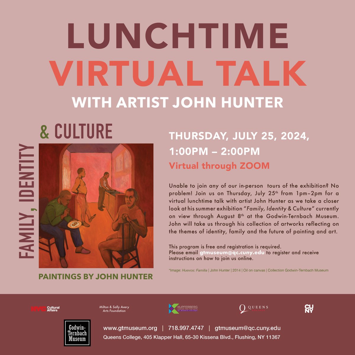 Unable to join any of our in-person tours of the exhibition? No problem!
Join us on Thurs., July 25th, 1p–2pm for a virtual talk with artist John Hunter as we take a closer look the exhibition “Family, Identity &amp; Culture” on view through August 29th at the Godwin-Ternbach Museum.