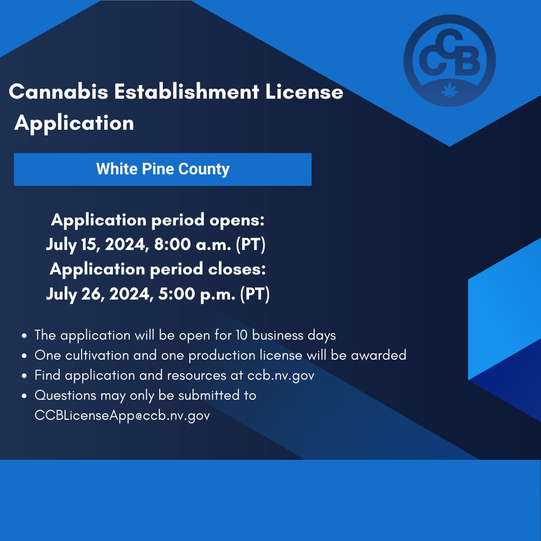 White Pine County Cannabis Establishment License Application NOW OPEN.

Apply: aca-prod.accela.com/NVCCB/Default.…

Resources: ccb.nv.gov/nevada-cannabi…