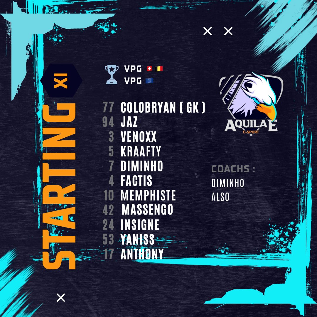 The starting lineup for our <a href="/VPGEurope/">Virtual Pro Gaming | Europe</a> debut tonight.

Go <a href="/aquilae_esport/">AquilaeEsport</a> 🦅🦅
