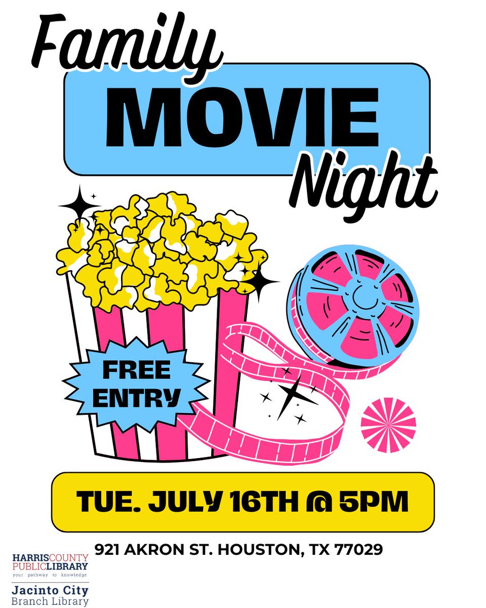 Join us at Jacinto City Branch Library for a family movie night! Tomorrow at 5p.m.! All programs at the library are free for everyone!
nextdoor.com/city/post/3470… via <a href="/Nextdoor/">Nextdoor</a>
