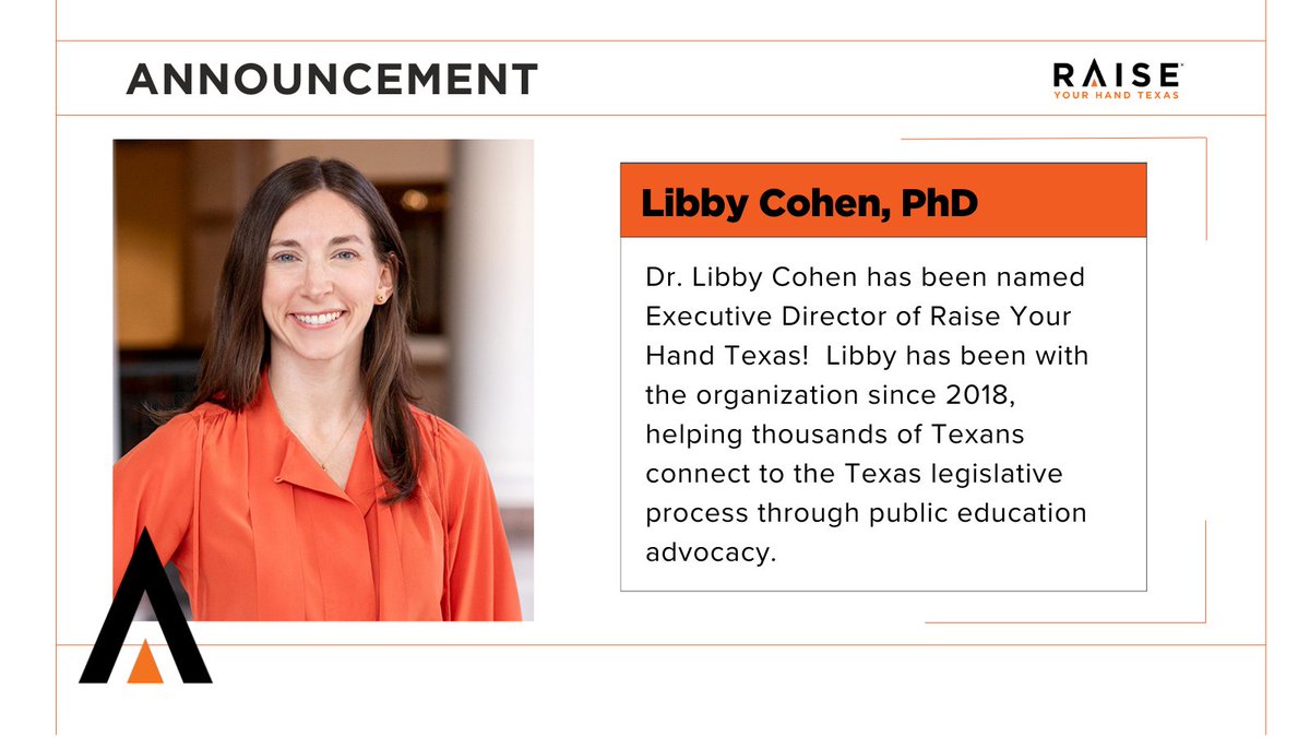 RYHTexas's tweet photo. We proudly announce Dr. Libby Cohen as the new executive director of Raise Your Hand Texas. She will be responsible for developing the organization’s strategy to increase civic engagement for the benefit of public education. 
https://t.co/NngGcMxkSE
#txed #txlege #news https://t.co/BwW39sEoy2
