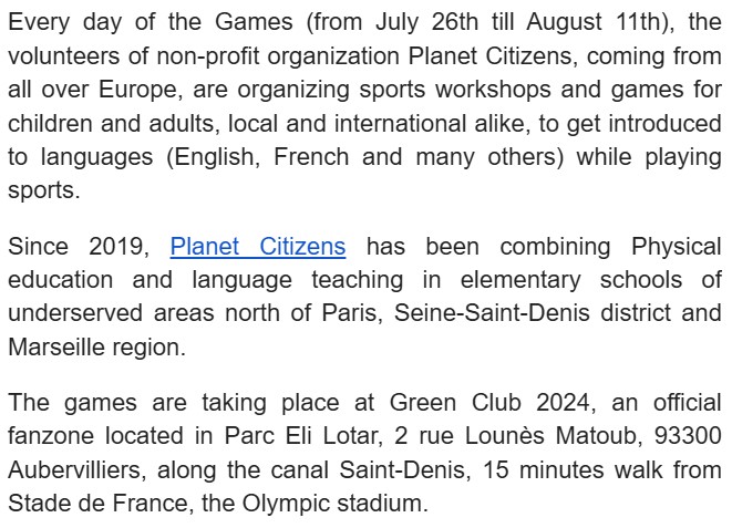 planet_citizens's tweet photo. #Paris2024 : French NGO @Planet_Citizens to host “Sports &amp; Languages” workshops &amp; games for locals and international spectators. 26/7-11/8, 10am-6pm 
📌Green Club 2024, Parc Eli Lotar, Rue Marcel Carné, 93300 Aubervilliers. https://t.co/6S7uyBDKSC
#OlympicTorchRelay #파리2024 https://t.co/vYRHJJNqWJ