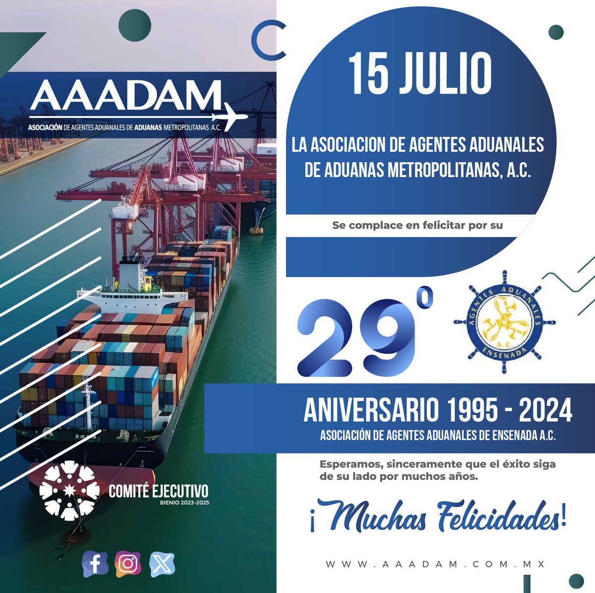 AAADAM_oficial's tweet photo. La #AAADAM se complace en extender una felicitación a la Asociación de Agentes Aduanales de Ensenada, por su 29° Aniversario.

¡Muchas felicidades!. https://t.co/2UBZs0wZlJ
