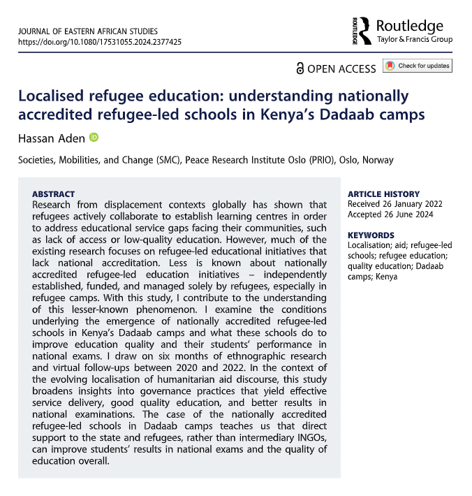 JEAS (@jeasjournal) on Twitter photo Now online (Open Access):
Localised #refugee education: understanding nationally accredited refugee-led schools in #Kenya’s Dadaab camps
by Hassan Aden (<a href="/Hassanyarre2023/">Hassan Aden, PhD</a>)
doi.org/10.1080/175310… Now online (Open Access):
Localised #refugee education: understanding nationally accredited refugee-led schools in #Kenya’s Dadaab camps
by Hassan Aden (<a href="/Hassanyarre2023/">Hassan Aden, PhD</a>)
doi.org/10.1080/175310…