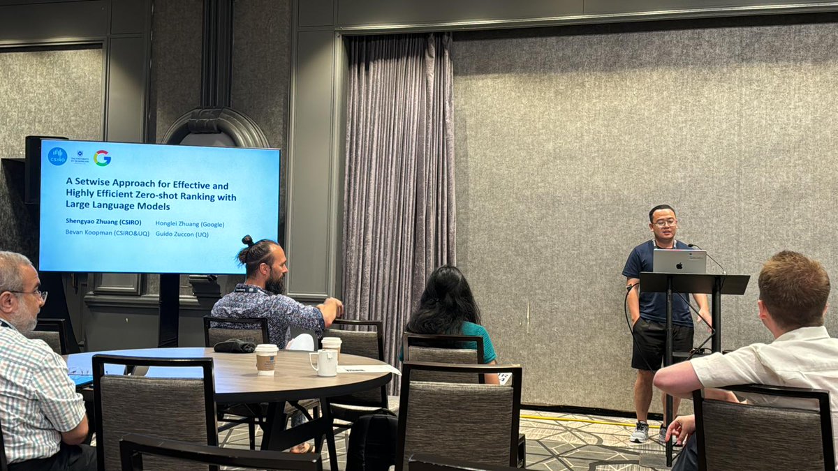 Bevan Koopman (@bevan_koopman) on Twitter photo Great talk by <a href="/ShengyaoZhuang/">Shengyao Zhuang</a> from <a href="/CSIRO/">CSIRO</a> <a href="/ehealthresearch/">AEHRC</a> now presenting "Setwise Approach for Effective and Highly Efficient Zero-shot Ranking with Large Language Models" with <a href="/guidozuc/">Guido Zuccon</a> from <a href="/UQ_News/">UQ News</a> and <a href="/GoogleResearch/">Google Research</a> at #SIGIR2024. Great talk by <a href="/ShengyaoZhuang/">Shengyao Zhuang</a> from <a href="/CSIRO/">CSIRO</a> <a href="/ehealthresearch/">AEHRC</a> now presenting "Setwise Approach for Effective and Highly Efficient Zero-shot Ranking with Large Language Models" with <a href="/guidozuc/">Guido Zuccon</a> from <a href="/UQ_News/">UQ News</a> and <a href="/GoogleResearch/">Google Research</a> at #SIGIR2024.