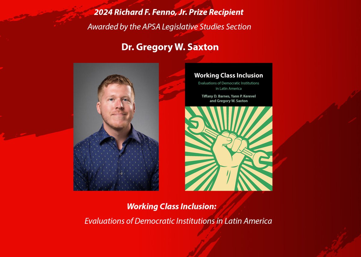 Congratulations to <a href="/TTUArtsSciences/">TTU Arts & Sciences</a> <a href="/TTUPoliSci/">Texas Tech University Political Science</a> Senior Lecturer Dr. Gregory W. Saxton on being awarded the 2024 Richard F. Fenno, JR. Prize by the <a href="/APSAtweets/">APSA</a>. This prize is awarded to the best book in legislative studies published in the previous year. 🎉

#TTUPoliSci