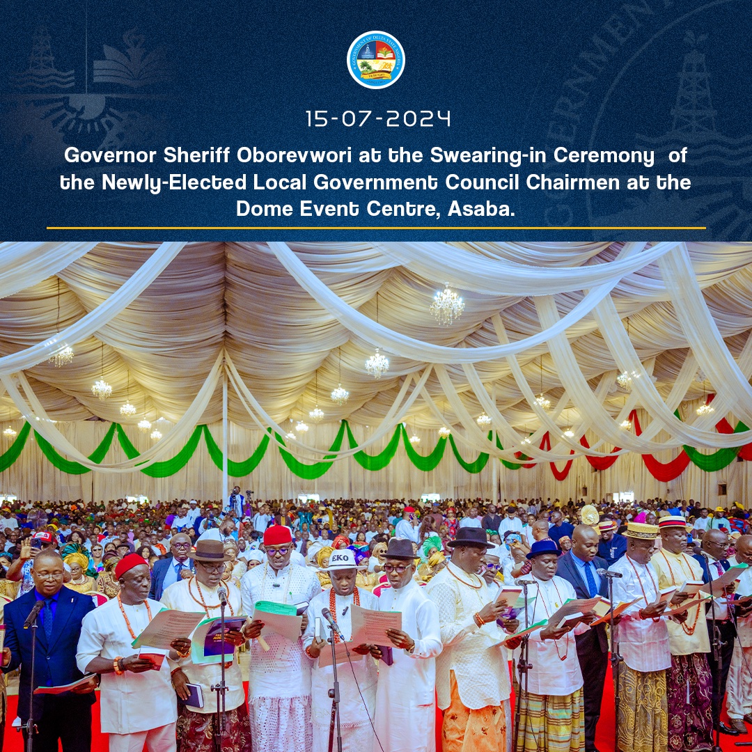 DSGovernment's tweet photo. This afternoon, at the swearing-in ceremony of the newly-elected Local Government Council Chairmen and Vice-Chairmen held at the Dome Event Centre, Asaba, Governor Sheriff Oborevwori reaffirmed Delta State's commitment to local government autonomy and financial independence. He emphasized the importance of transparency, stating that the Supreme Court ruling on autonomy does not affect Delta State as the government has always supported and supplemented local government funds.

Governor Oborevwori urged the newly sworn-in officials to remain present in their respective LGAs, dedicating their time to serving the people directly. He called on them to uphold fairness, justice, and compassion while working with security agencies and staff to maintain law and order. He also highlighted the need for improved environmental sanitation and public awareness on good sanitation habits, assuring ongoing state support for the officials in their duties.

#MOREagenda
#MORE4Deltans