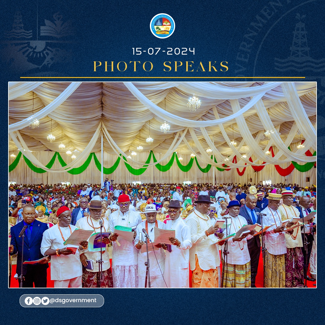 DSGovernment's tweet photo. This afternoon, at the swearing-in ceremony of the newly-elected Local Government Council Chairmen and Vice-Chairmen held at the Dome Event Centre, Asaba, Governor Sheriff Oborevwori reaffirmed Delta State's commitment to local government autonomy and financial independence. He emphasized the importance of transparency, stating that the Supreme Court ruling on autonomy does not affect Delta State as the government has always supported and supplemented local government funds.

Governor Oborevwori urged the newly sworn-in officials to remain present in their respective LGAs, dedicating their time to serving the people directly. He called on them to uphold fairness, justice, and compassion while working with security agencies and staff to maintain law and order. He also highlighted the need for improved environmental sanitation and public awareness on good sanitation habits, assuring ongoing state support for the officials in their duties.

#MOREagenda
#MORE4Deltans