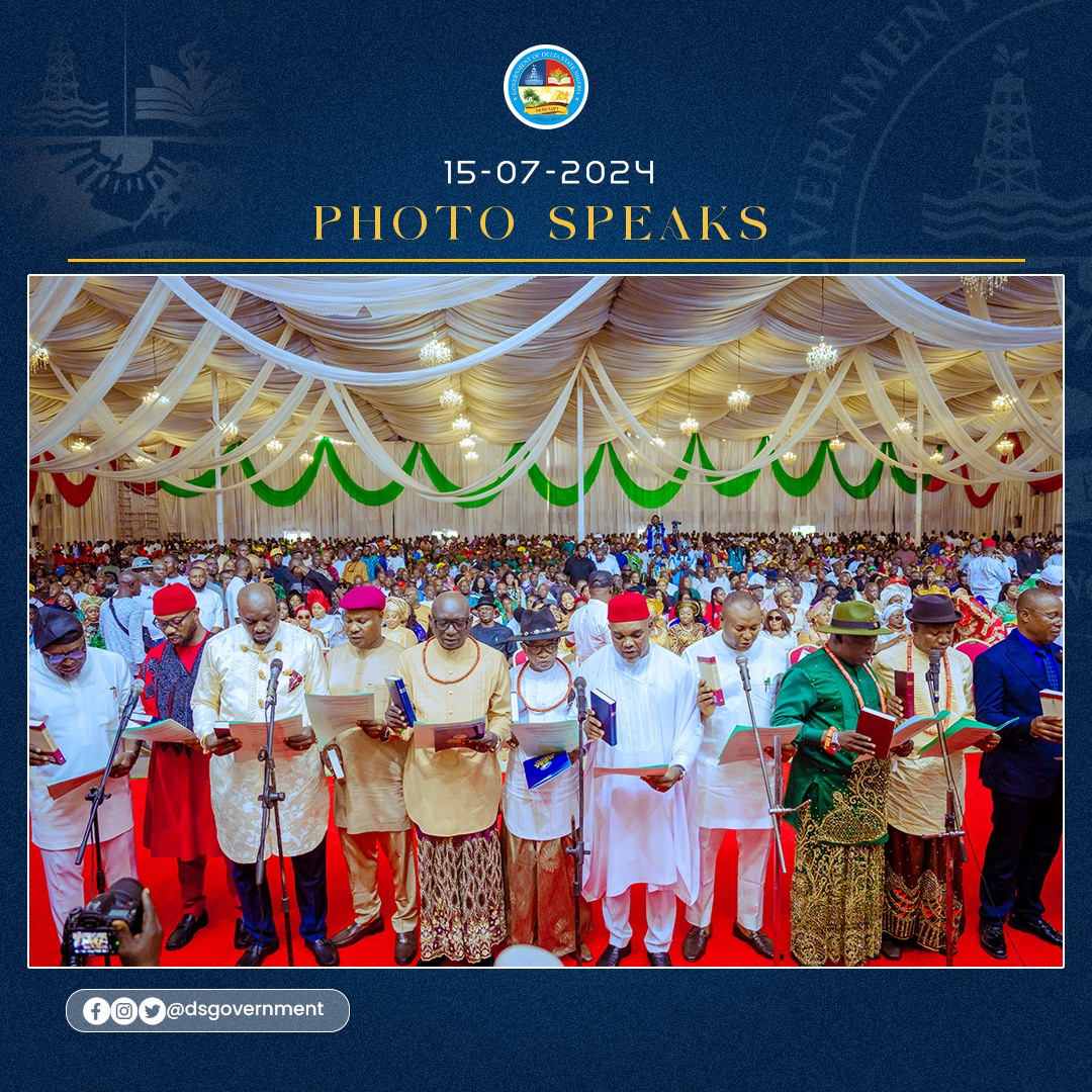DSGovernment's tweet photo. This afternoon, at the swearing-in ceremony of the newly-elected Local Government Council Chairmen and Vice-Chairmen held at the Dome Event Centre, Asaba, Governor Sheriff Oborevwori reaffirmed Delta State's commitment to local government autonomy and financial independence. He emphasized the importance of transparency, stating that the Supreme Court ruling on autonomy does not affect Delta State as the government has always supported and supplemented local government funds.

Governor Oborevwori urged the newly sworn-in officials to remain present in their respective LGAs, dedicating their time to serving the people directly. He called on them to uphold fairness, justice, and compassion while working with security agencies and staff to maintain law and order. He also highlighted the need for improved environmental sanitation and public awareness on good sanitation habits, assuring ongoing state support for the officials in their duties.

#MOREagenda
#MORE4Deltans