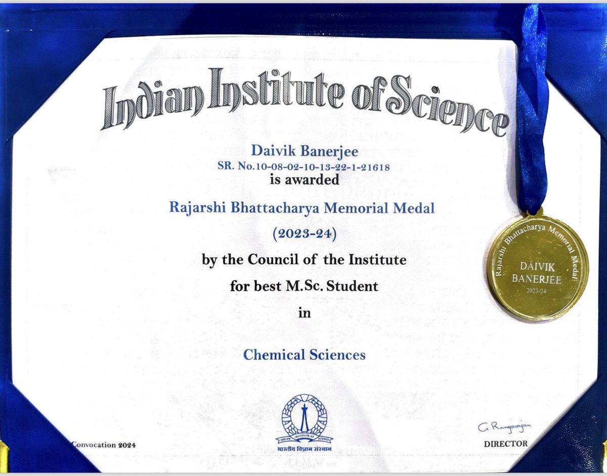 funbiomats's tweet photo. Congratulations to our master student, Mr. Daivik Banerjee @DaivikB06 , for being awarded the Rajarshi Bhattacharya Memorial Medal for best MSc student in Chemical Science! 🥇 https://t.co/Hk8HaR2rrB