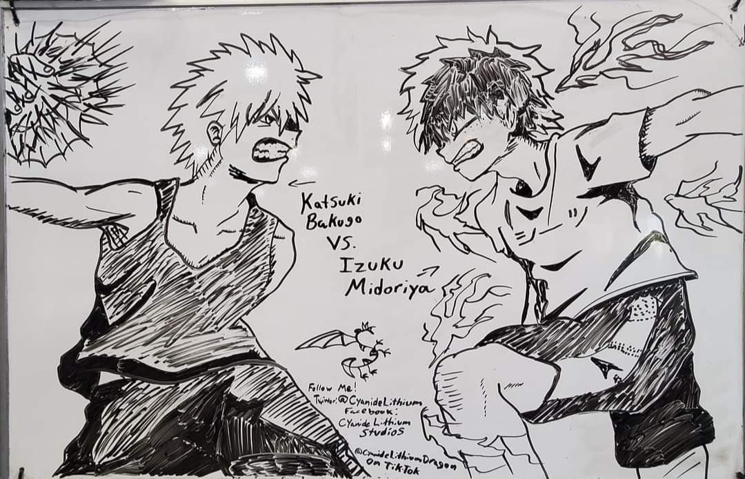 CyanideLithium's tweet photo. I don’t do much fan Art anymore, but these are some of my favorites.

Yes, the Bakugo vs Deku is on a dry erase board that I did at my work place. https://t.co/XJKUjQ1jJ8