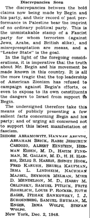 Jews struggled for years against Zionist leaders.

30 American Jewish rabbis, writers, journalists, academics and opinion leaders, including famous names such as Hannah Arendt and Albert Einstein, published an ad in the New York Times. In this letter addressed to the editors of