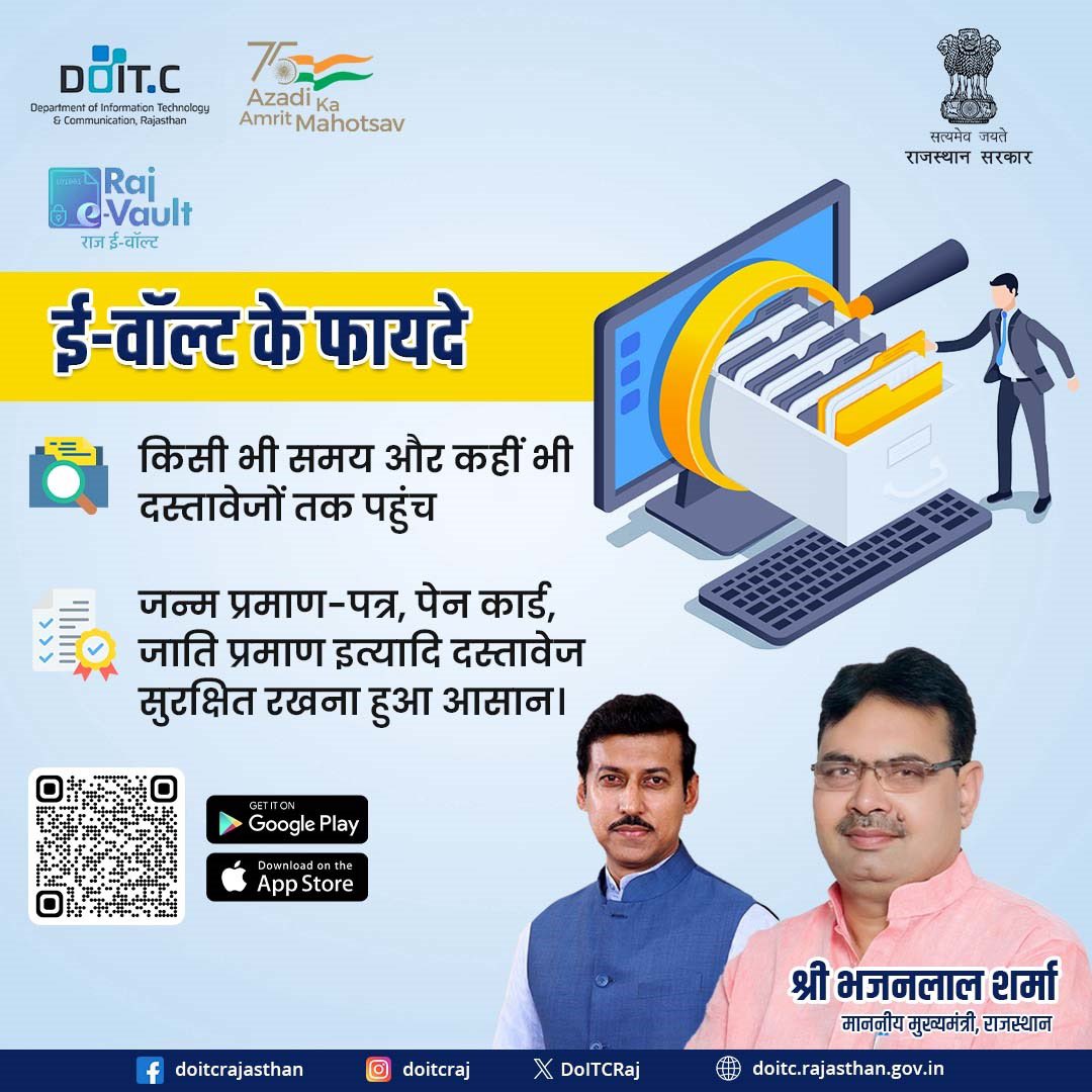DoITCRaj's tweet photo. राज ई-वॉल्ट दस्तावेजों को इलेक्ट्रॉनिक रूप से संरक्षित करने का एक सशक्त माध्यम है। इससे दस्तावेजों को कहीं भी—कभी भी एक्सेस किया जा सकता है।
#DoITC #evault https://t.co/Htxa6TXeNd