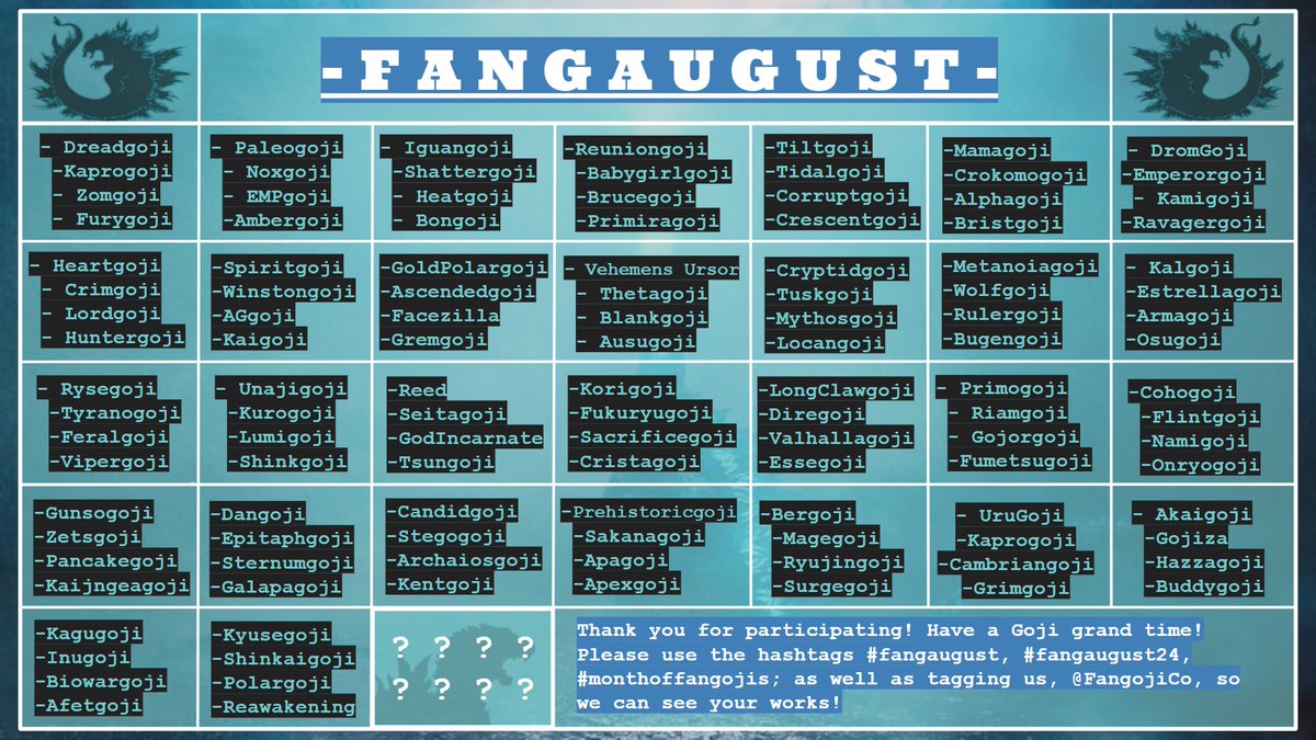 Welcome to the FangAugust 2024 Calendar! There will be a thread below of fangoji refs if you wanna start drawing in advance but remember to post day of. We can’t wait to see how this goes! Remember to have fun!-🐊

#fangaugust #fangaugust24 #monthoffangojis