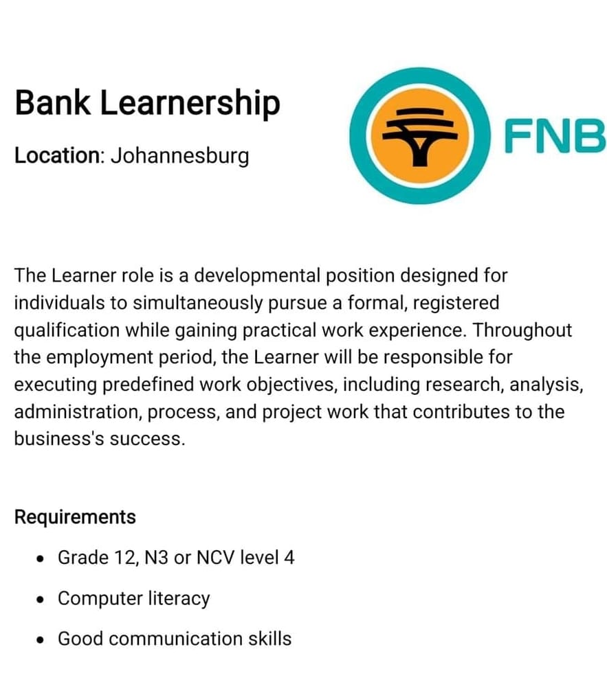 CarolBoitumelo1's tweet photo. 📌FNB Bank Learnerships (July 2024)

Monthly Stipend: R6500 - R9 000 per month

Location: Johannesburg 

Requirements: Grade 12

Link To Apply: https://t.co/NgXhrgbBuQ

Closing date: 19 July 2024 https://t.co/D18ujzwBj3