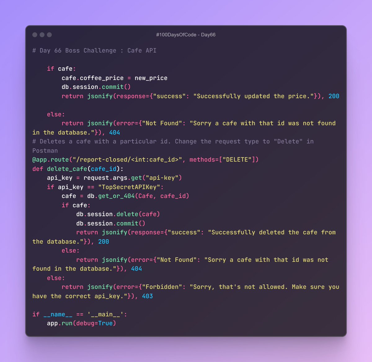 Birendra_Tech's tweet photo. 🚀 Day 66 of #100DaysOfCode! Built a Cafe API using Flask &amp; SQLAlchemy! ☕️ Add, update prices, and delete cafes securely. #Flask #Python #API #Day66 #100DaysOfCode #CafeAPI
Full Codes on GitHub: https://t.co/va4pOO6wC9 https://t.co/gI2w3L0dRd