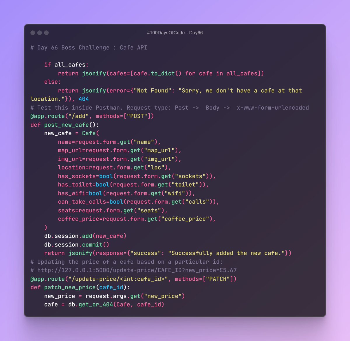 Birendra_Tech's tweet photo. 🚀 Day 66 of #100DaysOfCode! Built a Cafe API using Flask &amp; SQLAlchemy! ☕️ Add, update prices, and delete cafes securely. #Flask #Python #API #Day66 #100DaysOfCode #CafeAPI
Full Codes on GitHub: https://t.co/va4pOO6wC9 https://t.co/gI2w3L0dRd