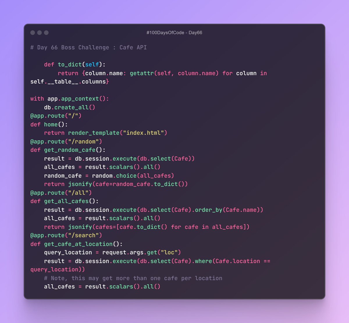 Birendra_Tech's tweet photo. 🚀 Day 66 of #100DaysOfCode! Built a Cafe API using Flask &amp; SQLAlchemy! ☕️ Add, update prices, and delete cafes securely. #Flask #Python #API #Day66 #100DaysOfCode #CafeAPI
Full Codes on GitHub: https://t.co/va4pOO6wC9 https://t.co/gI2w3L0dRd