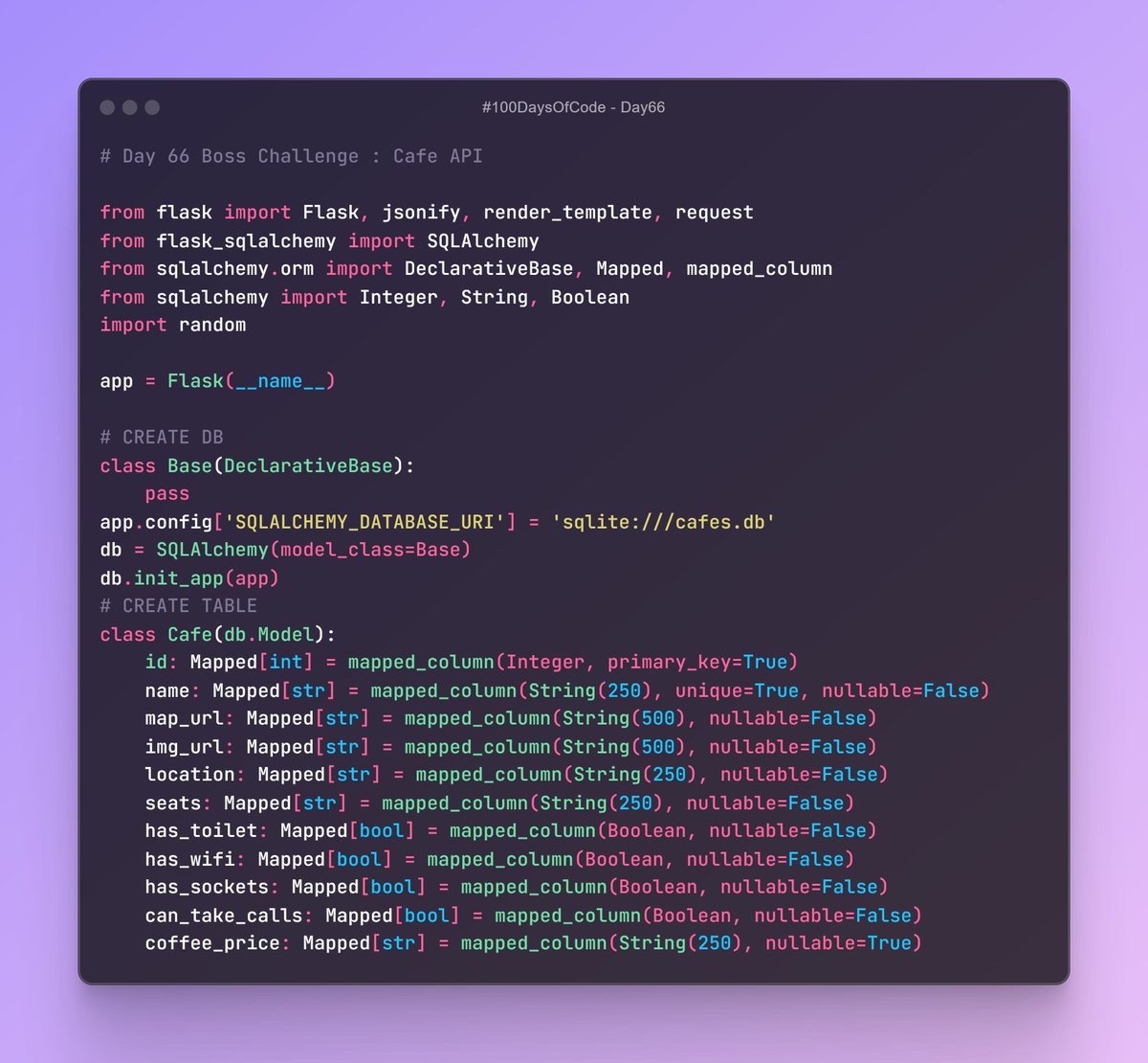 Birendra_Tech's tweet photo. 🚀 Day 66 of #100DaysOfCode! Built a Cafe API using Flask &amp; SQLAlchemy! ☕️ Add, update prices, and delete cafes securely. #Flask #Python #API #Day66 #100DaysOfCode #CafeAPI
Full Codes on GitHub: https://t.co/va4pOO6wC9 https://t.co/gI2w3L0dRd