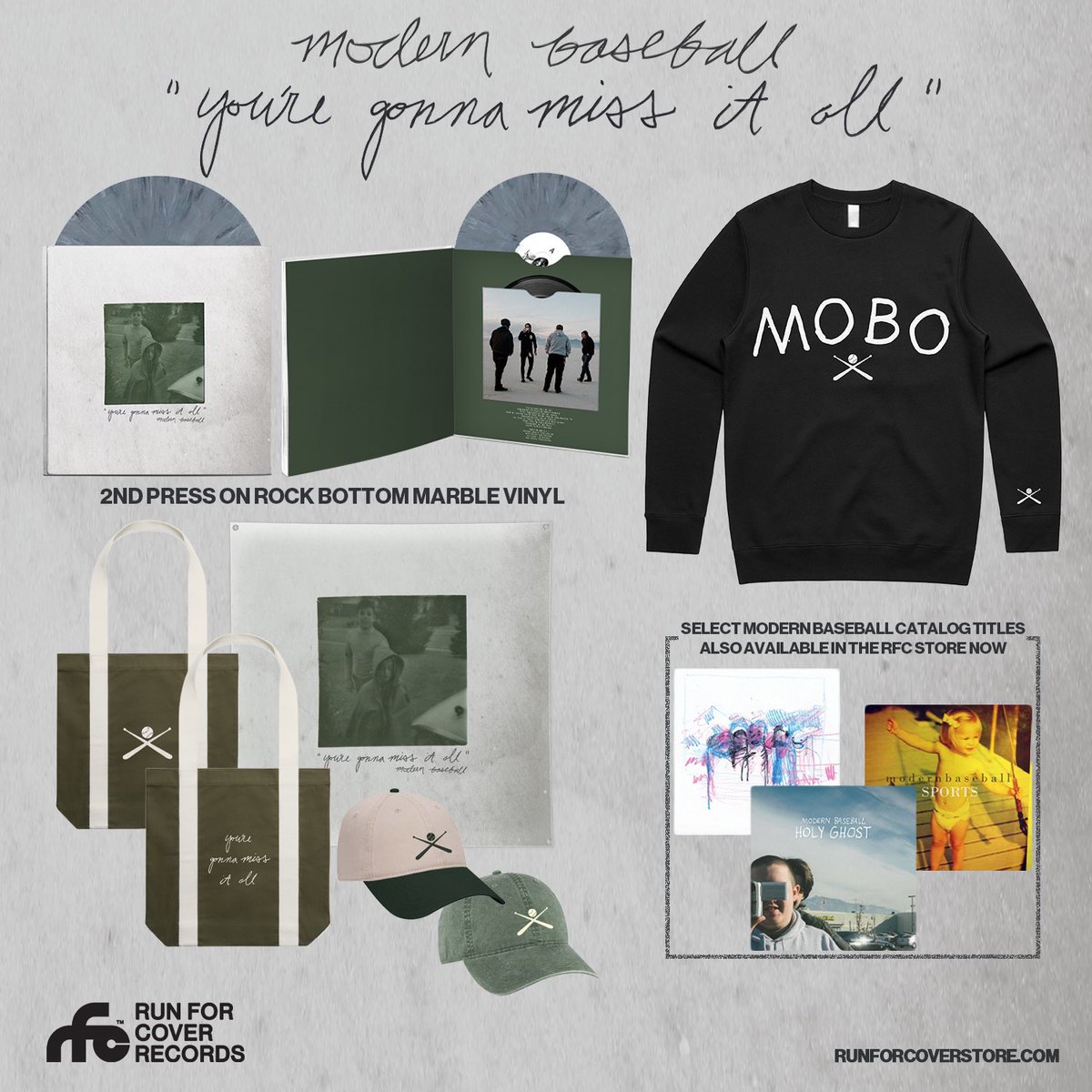A second pressing of the deluxe anniversary edition of @modernbaseball’s YOU’RE GONNA MISS IT ALL is now available in the Run For Cover webstore.

Limited to 2500 copies on ROCK BOTTOM Gray Marble vinyl. 

Purchase: lnk.to/mobo-ygmia10