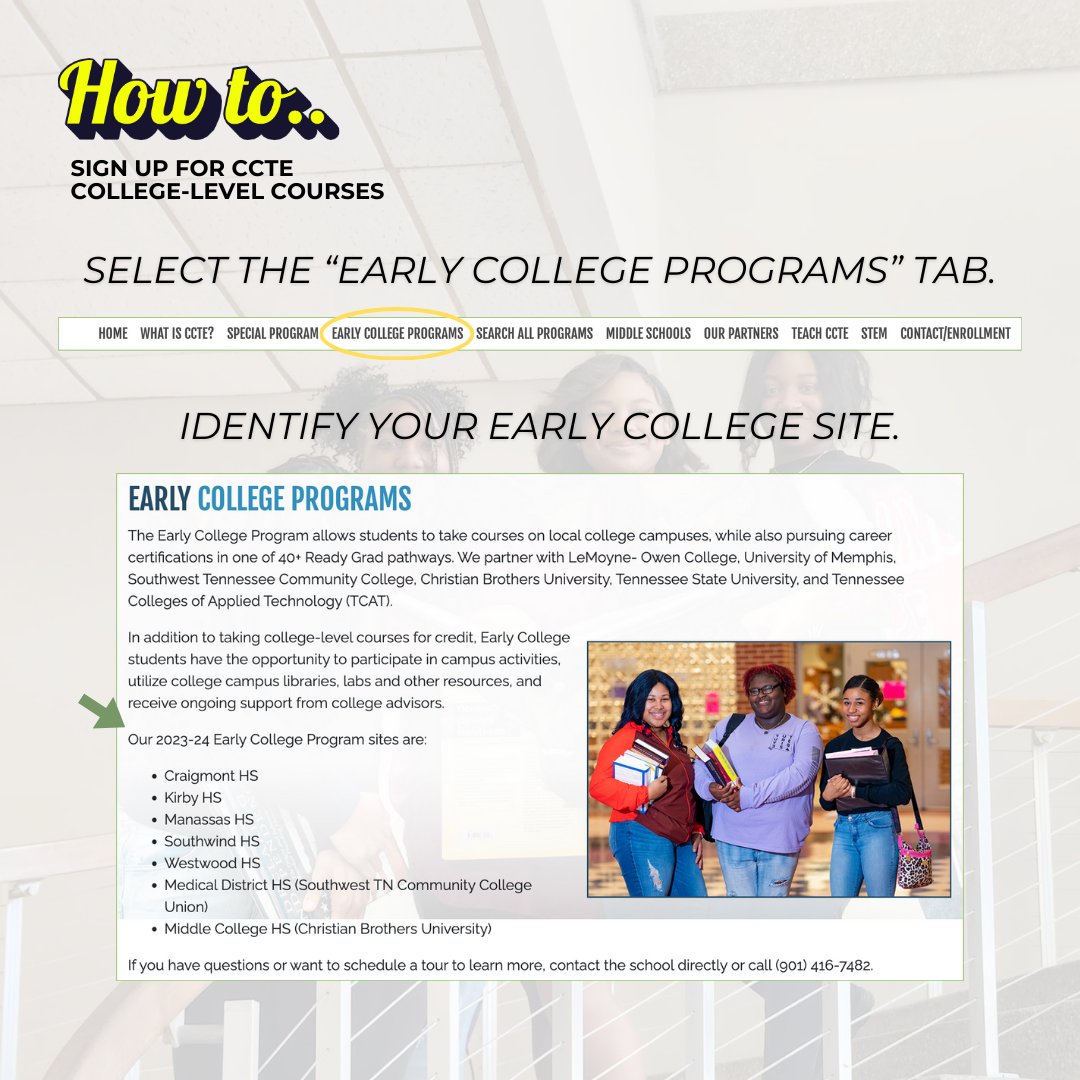 Get a feel for what college life is like!

CCTE's Early College Program allows students to take college-level courses at local college campuses, giving you a taste of what undergrad is all about.

To learn more, follow the steps shared below: