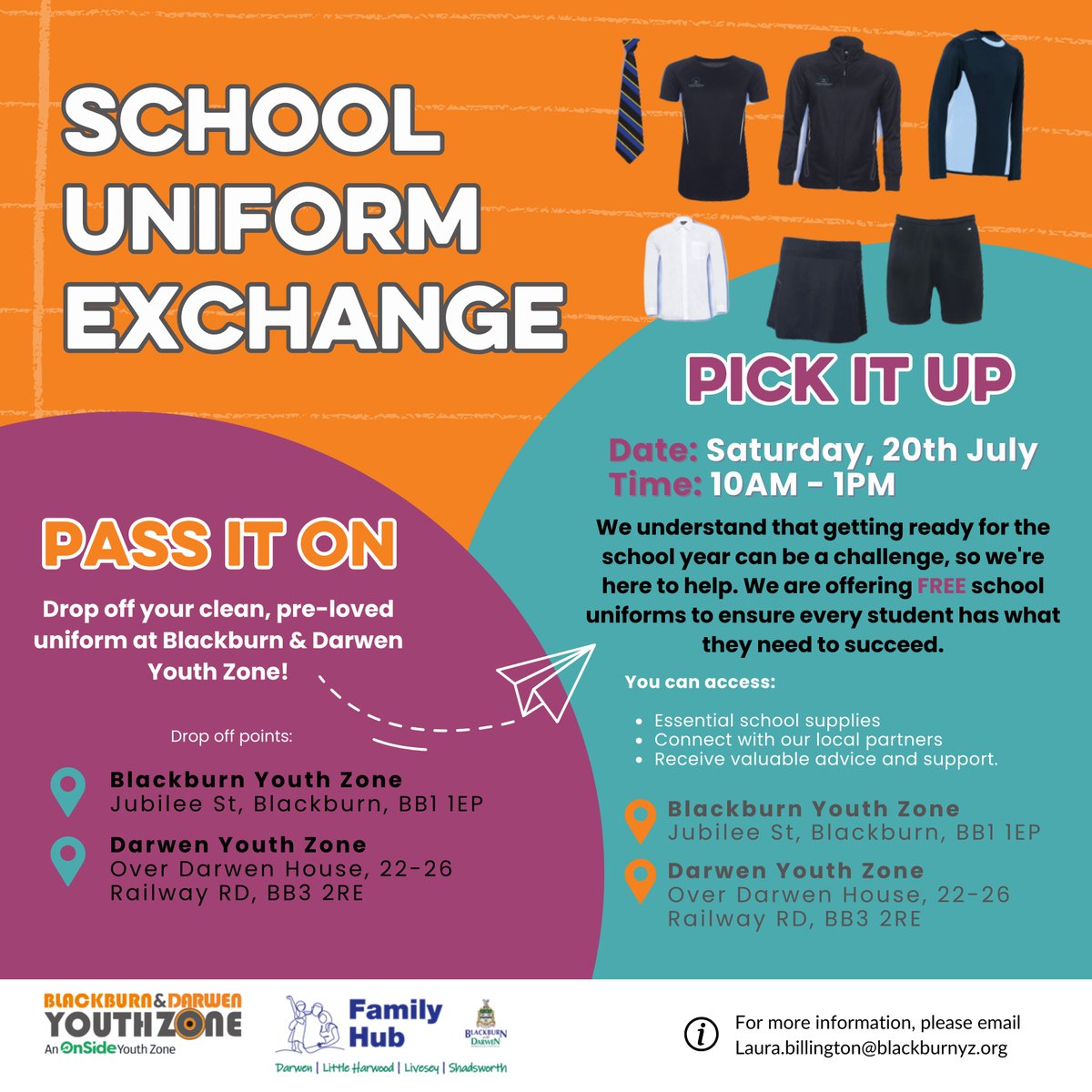 BDYouthZone's tweet image. We need pre-loved school uniforms in BwD! 📣

Donate clean uniforms at:

📍 Blackburn Youth Zone, Jubilee St, Blackburn BB1 1EP
📍 Darwen Youth Zone, 22-26 Railway Road, BB3 2RE

Your donations help students start the school year with confidence. Thank you! 🧡 @bwdcouncil