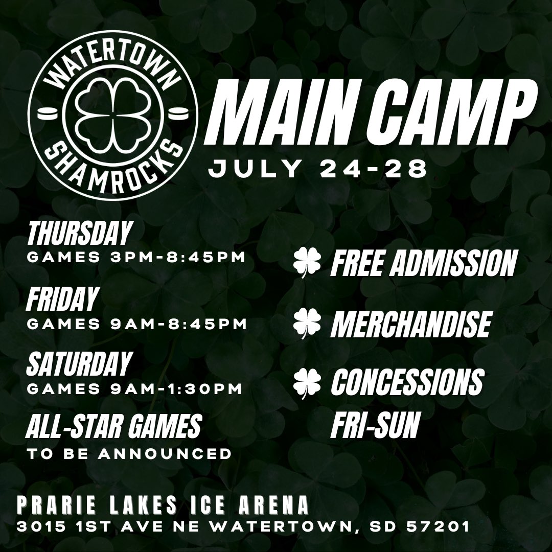 ShamrocksNAHL's tweet photo. 🍀MAIN CAMP OPEN HOUSE🍀

Next week, July 24-28th, the Shamrocks will be hosting their inaugural Main Camp. This 5 day event is the official tryout for the team and will consist of practices, scrimmages, and all-star games to determine the first-ever Watertown roster.
#puckluck☘️ https://t.co/DATFkkhKSl
