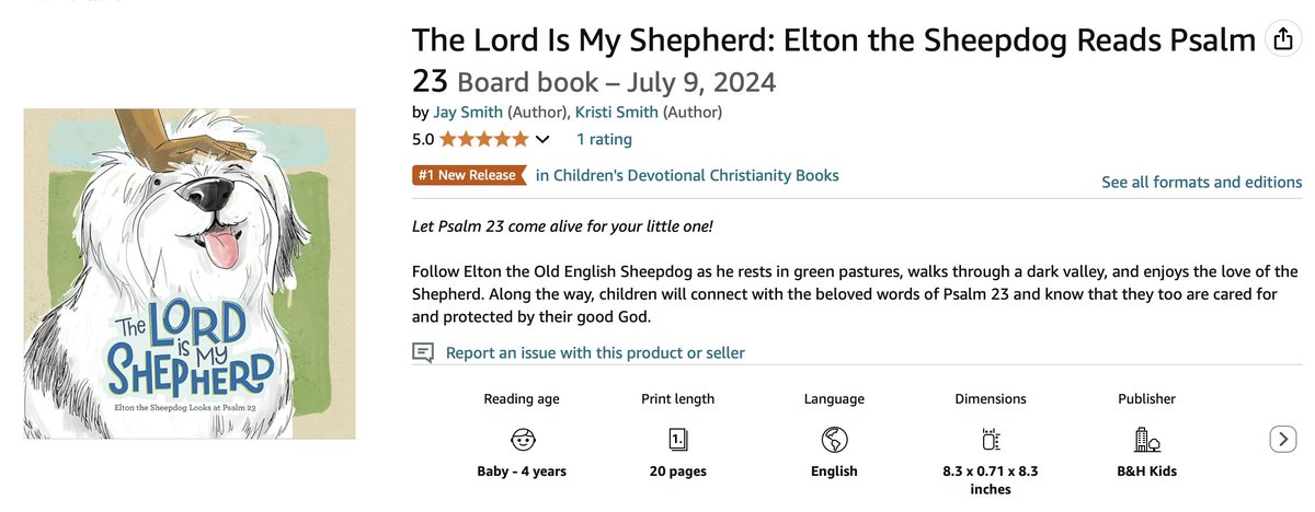 Juicebox_Jay's tweet photo. Our new children’s book continues its #1 streak on Amazon from pre-orders to New Release! #childrensbook #childrensbookauthor #childrensbookillustrator #psalm23 #bookdesigner #thelordismyshepherd #bookillustrator #eltonthesheepdog https://t.co/cpDvG1jBQh