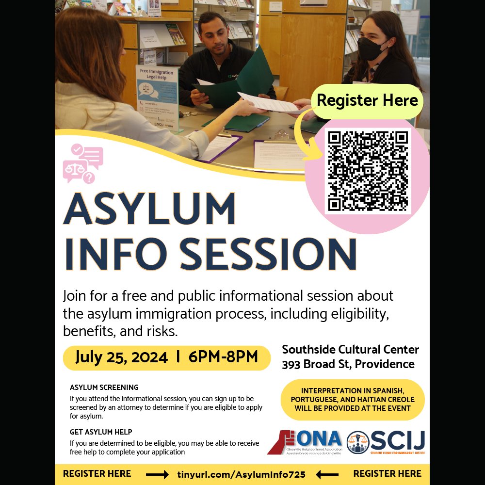 Fuerza_Laboral's tweet photo. August 10:
The @SCIJimmigration and @OnaProvidence  are holding a free asylum clinic to help people in Rhode Island complete their asylum applications! This is RI’s first-ever, large-scale pro se asylum clinic!
Tel: (774) 253-6840
Website: https://t.co/9kVZLGTshC https://t.co/tInfFaXW2s